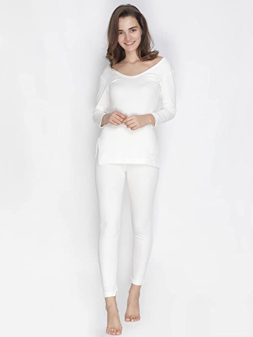 ONN Womens Thermal Top & Bottom, U-Neck, White Color