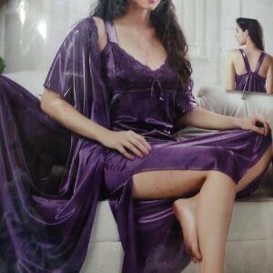 Sexy Sleeveless Long Nighty With Overlay Coat In Purple Color