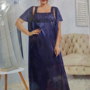 Sexy Sleeveless Long Nighty With Overlay Coat In Navy Blue Color